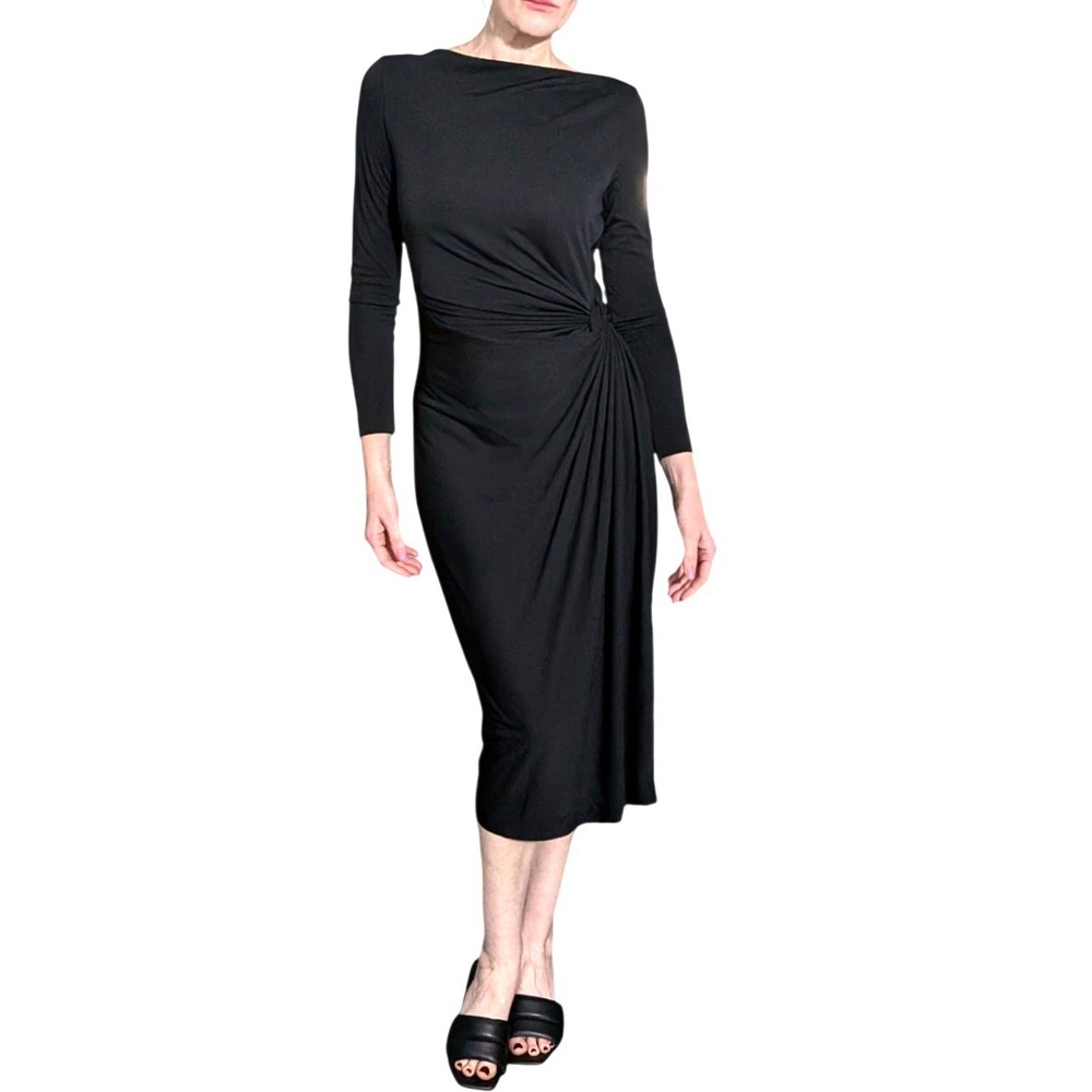 Donna Karan New York Designer Black Draped Ruched Midi Dress Long Sleeve Sz 2